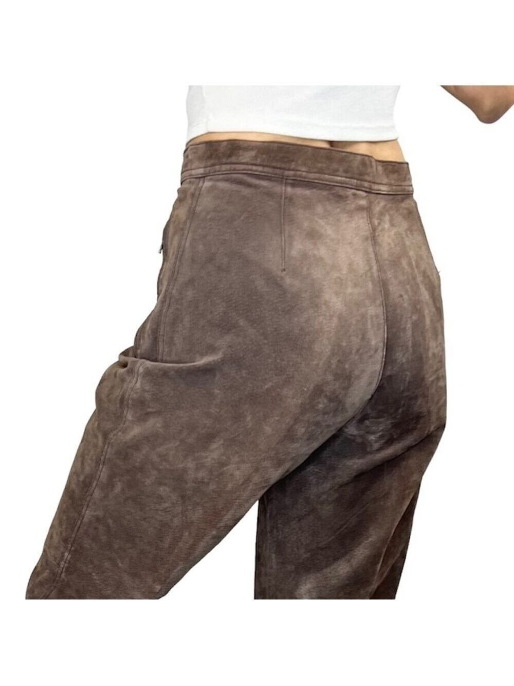 Dalia Collection genuine suede leather brown straight leg high rise pants S
